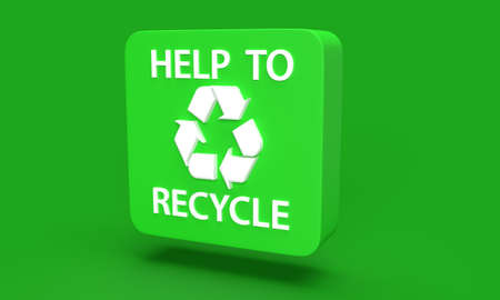 green 3D button with white recycling icon and the text help to recycle against a green background with copy space to the right. 3D renderingの写真素材