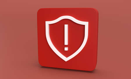 shild icon with exclamation mark as template for internet security on rounded rectangle against red background. 3D renderingの写真素材