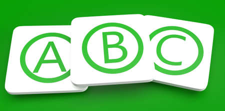The letters A, B and C in green letters on white rectangular plates of green background. Alphabet symbol 3D renderingの写真素材