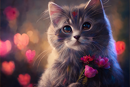 cute cat holding some flowers against blurred background with hearts, Generative AIの写真素材