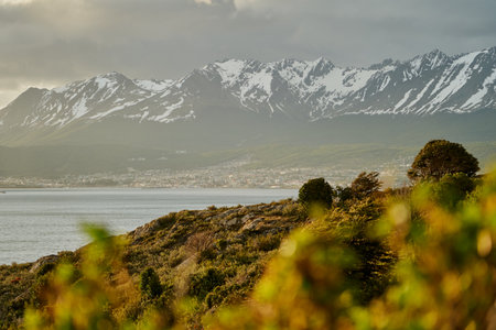 Ushuia is the end of the world in tierra del fuego. City lying in front of the snow capped mountains of the Andes with lush green vegetation in golden sunlight. Hazy moody light_2の素材 [FY310162801487]