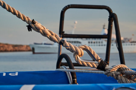 beautiful and spectacular sunset over a motor yacht showing details of the vessel's rigging with a boat in the blurry background, lying in the graet darwin bay of genovesa island, galapagos islandsの写真素材