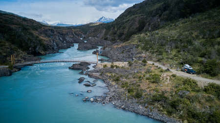 aerial of Rio Baker with white water rapids and turquoise river along the Carretera Austral, Patagonia, Chile, South Americaの写真素材