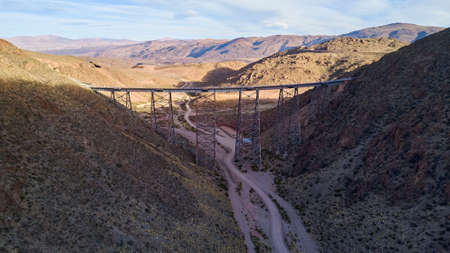 Aerial of Viaducto La Polvorilla, Polvorilla bridge, a popular viaduct of the train to the clouds, a railroad track between Salta and Antofagasta. It is a high level bridge in the Andes Mountainsの写真素材