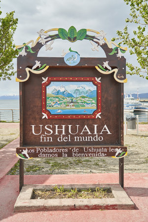 Sign of the end of the world at the port of Ushuaia in tierra del fuego, Patagonia, south americaのeditorial素材