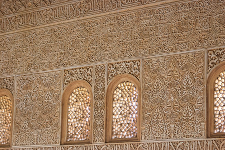 Granada, Spain - 06 11 2014: ornamental details of the artful moorish castle of Alhambra Palace in Granada Spain, a Unesco world heritageのeditorial素材