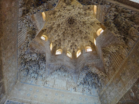 Granada, Spain - 06 11 2014: ornamental details of the artful moorish castle of Alhambra Palace in Granada Spain, a Unesco world heritageのeditorial素材