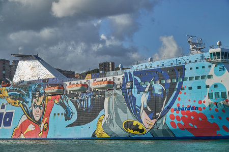 Genoa, Italy - 09 17 2017: colorful ferry lying in the Port of Genoaのeditorial素材