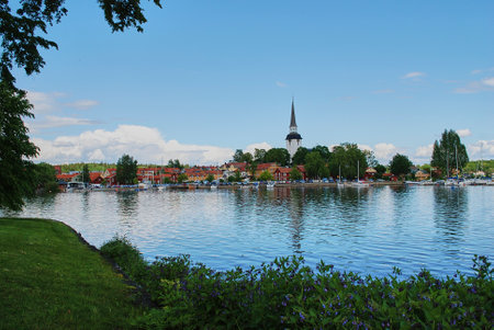 Cityscape of the swedish capital Stockholm with waterways of the port on the coast of the baltic seaの写真素材