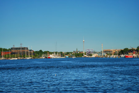 Cityscape of the swedish capital Stockholm with waterways of the port on the coast of the baltic seaの写真素材