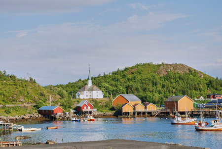 Port of Moskenes is a typical little fishing harbor on the Lofoten islands in the arctic north of...