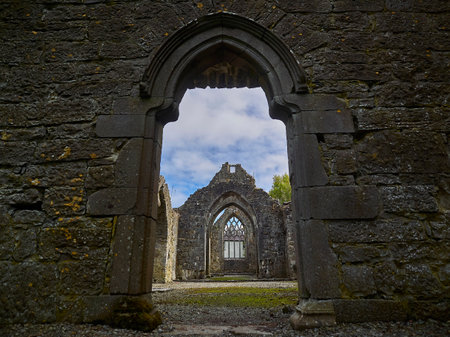 old historic ruin in the landscape of ireland on a sunny day.のeditorial素材