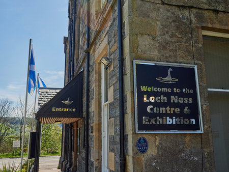 Drumnadrochit, Scotland - 05 23 2018: Welcome sign at the Loch Ness visitor center in Scotland.のeditorial素材