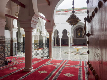 Fes, Morocco - 05 09 2016: Artful ornamental decoration interior of the islamic Al Quaraouiyine...