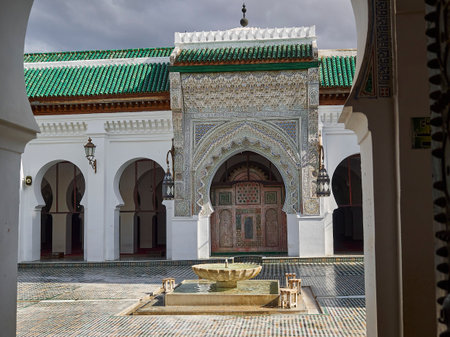 Fes, Morocco - 05 09 2016: Artful ornamental decoration interior of the islamic Al Quaraouiyine Mosque and university in the medina of Fes in Morocco.のeditorial素材