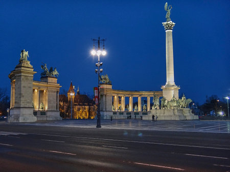 Budapest, Hungary - 03 04 2011: Heroes square in Budapest, the capital of Hungary, at night.のeditorial素材