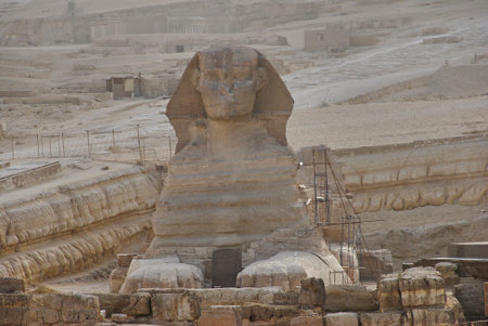 Giza, Cairo, Egypt - 05 02 2011: famous giant statue of the great Spinx at the Pyramids in Giza, a popular travel destination and unesco heritage.のeditorial素材