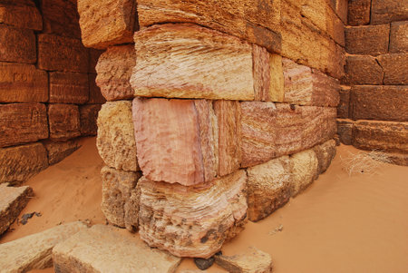 Meroe, Sudan - 05 29 2011: ancient historic archeological site of Meroe Pyramids in the dry and arid desert region of the Sahara in Sudan along the river Nile.のeditorial素材