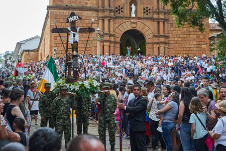 Barichara, Colombia - 04 18 2019: Easter week, Semana Santa, in the beautiful town of Barichara, a popular travel destination in the Andes mountains of Colombia.のeditorial素材