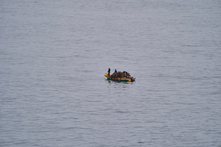 Pan de Azucar, Chile - 01 21 2019: Fishermen harvesting kelp or sea weed in small traditional wooden fishing boats along the coastline of the pacific ocean in Chile, South America.のeditorial素材