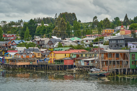 Colorful palafitos, traditional wooden stilt houses in Castro on the island Chiloe, Chile, South Americaのeditorial素材