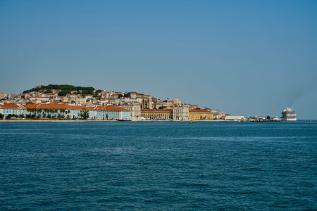 Rocky coastline of the Atlantic ocean in Lisbon, capital of Portugal at the mouth of Tagus river...