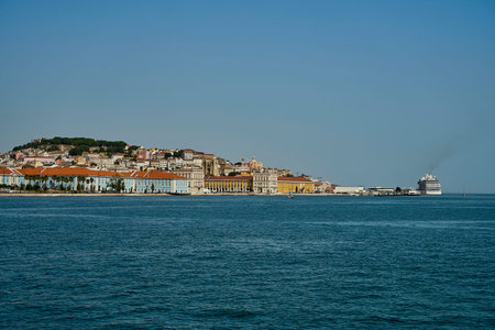 Rocky coastline of the Atlantic ocean in Lisbon, capital of Portugal at the mouth of Tagus river...