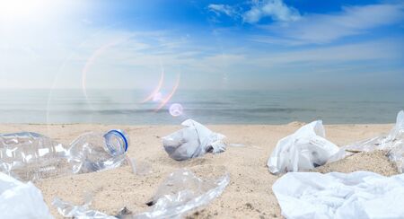 Concept on the pollution of beaches with plastic objectsの写真素材