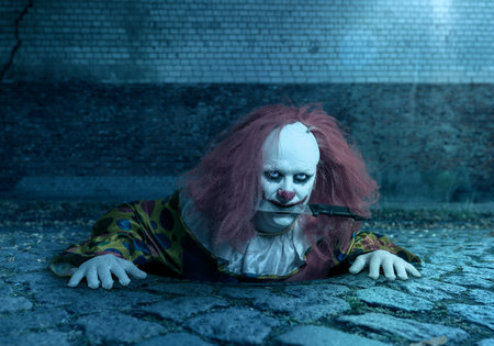 scary clown with a knife in the mouth rising from the sewer