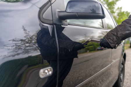 Person with gloves and a knife scratches the door of a car with a blade