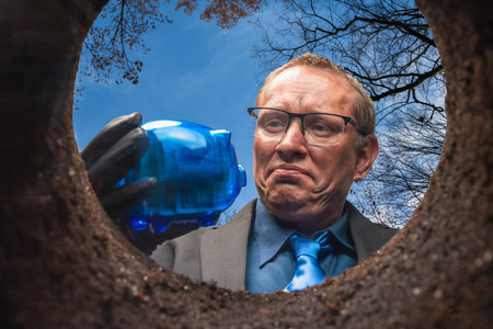 a businessman burys his piggy bank in the ground
