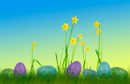 Colorful painted easter eggs on grass with daffodils and colorful background
