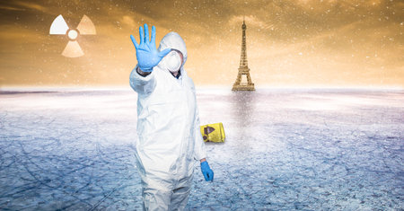a man in protective gear warns of the nuclear zone