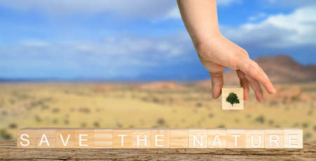 Wooden cubes labeled with Save the nature are put together by a handの写真素材