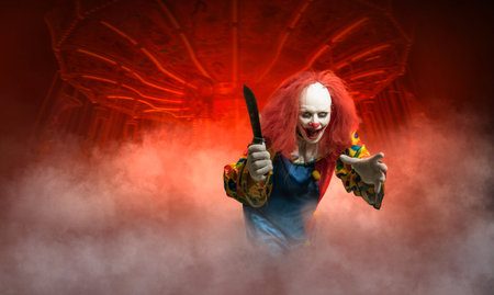 a crazy clown in front of a carousel attacks with a knife