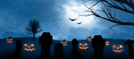 many spooky halloween pumpkins grinning on a cemetery