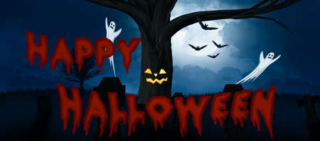 a happy halloween greeting card with ghosts on a cemeteryの写真素材