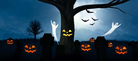 a spooky halloween background with pumpkins and a ghosts on a cemeteryの写真素材