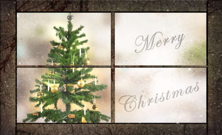 merry christmas text on a window with view of a Christmas tree behind the windowの写真素材