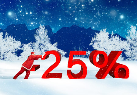 25 percent winter sale advertising with an elf in the wintery landscape