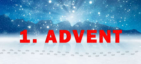 a landscape panorama with the text first advent in deep snowの写真素材