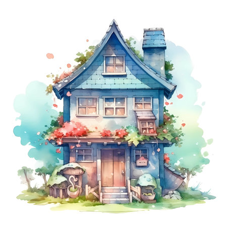 Hand drawn watercolor illustration of a fairy tale house on a white backgroundの素材