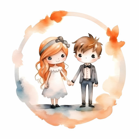 Cute cartoon bride and groom in a circle of watercolor.の素材