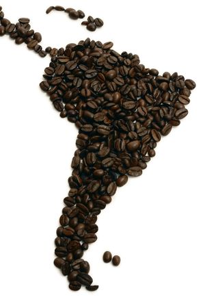                Beans of coffee are putted on the white bask ground, lucked like South Amerika.                   の写真素材