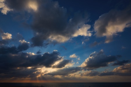 Panoramic dramatic sunset sky and tropical sea at duskの写真素材