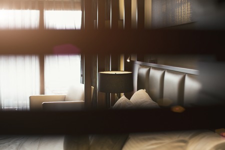 Luxury, modern hotel room cleaned and ready for check-in.の写真素材