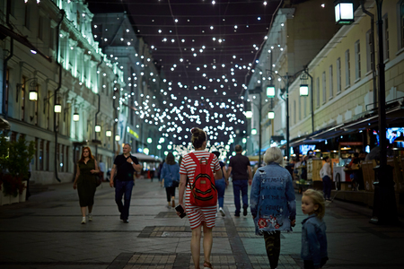 Moscow, Russia - April 2018: Arbat street decorated with garlands Russia.のeditorial素材