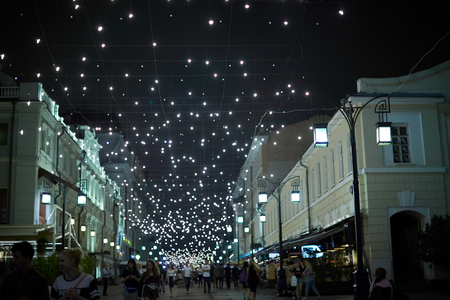 Moscow, Russia - April 2018: Arbat street decorated with garlands Russia.のeditorial素材