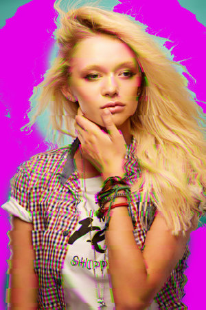 Collage poster art of fashion pretty alien girl in sunglasses. glitch art