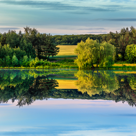 wonderful autumn landscape. colorful trees over the river. Nature landscapeの写真素材